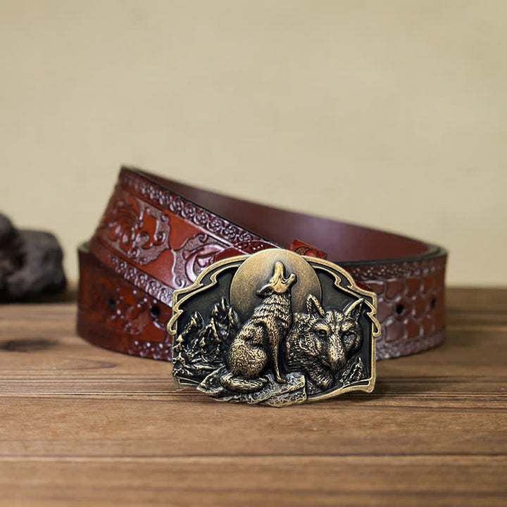 Ceinture en cuir à boucle pour homme avec motif forêt de deux loups