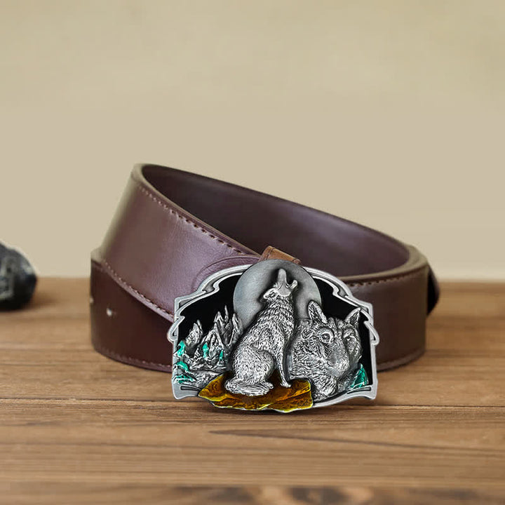 Ceinture en cuir à boucle pour homme avec motif forêt de deux loups