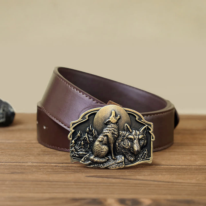 Ceinture en cuir à boucle pour homme avec motif forêt de deux loups