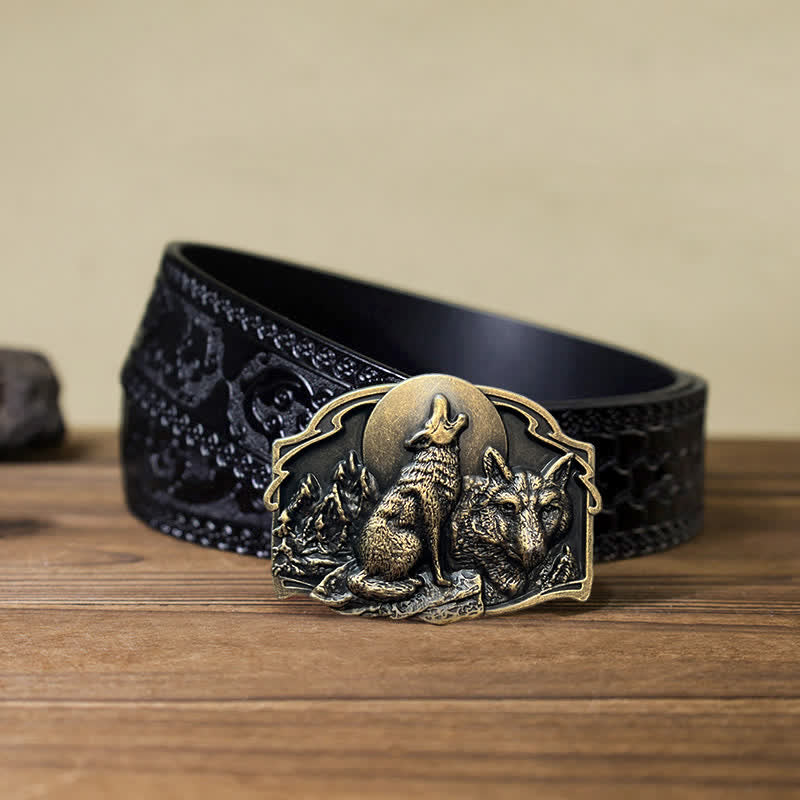 Ceinture en cuir à boucle pour homme avec motif forêt de deux loups