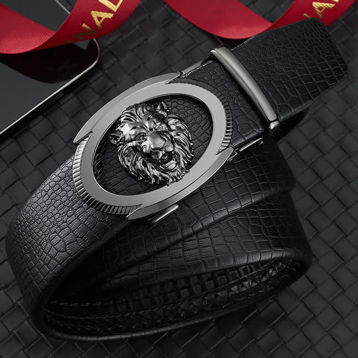 Ceinture en cuir à boucle automatique creuse Lion Business pour homme