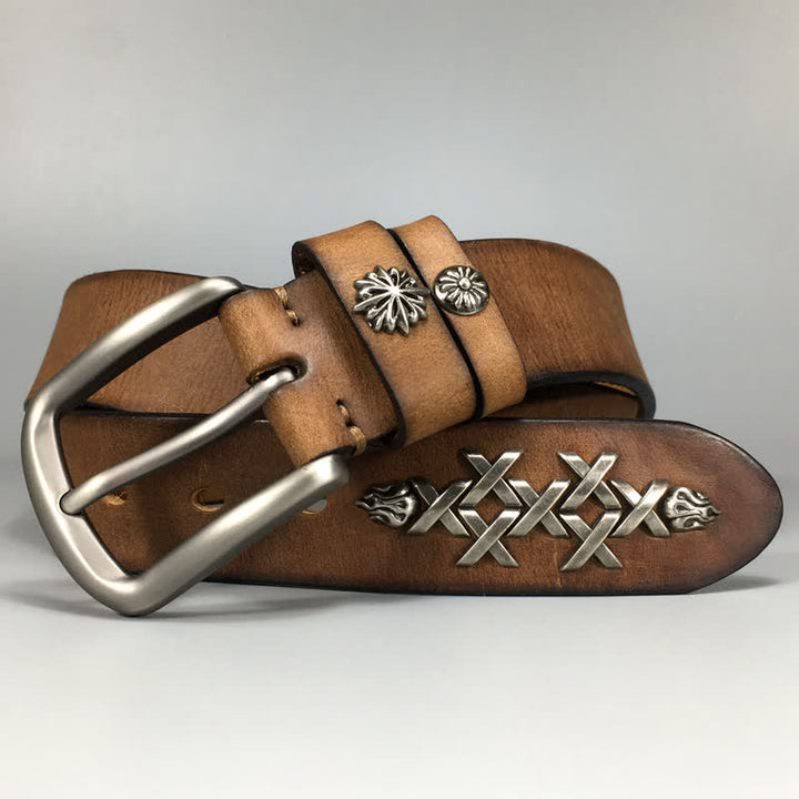 Ceinture en cuir à rivets sculptés décoratifs rétro pour hommes