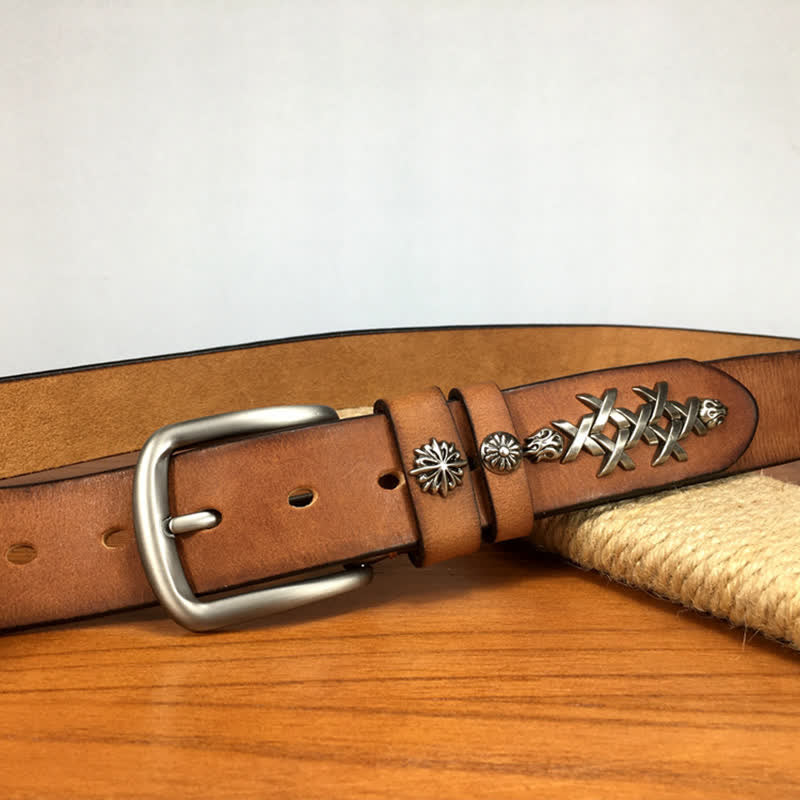 Ceinture en cuir à rivets sculptés décoratifs rétro pour hommes
