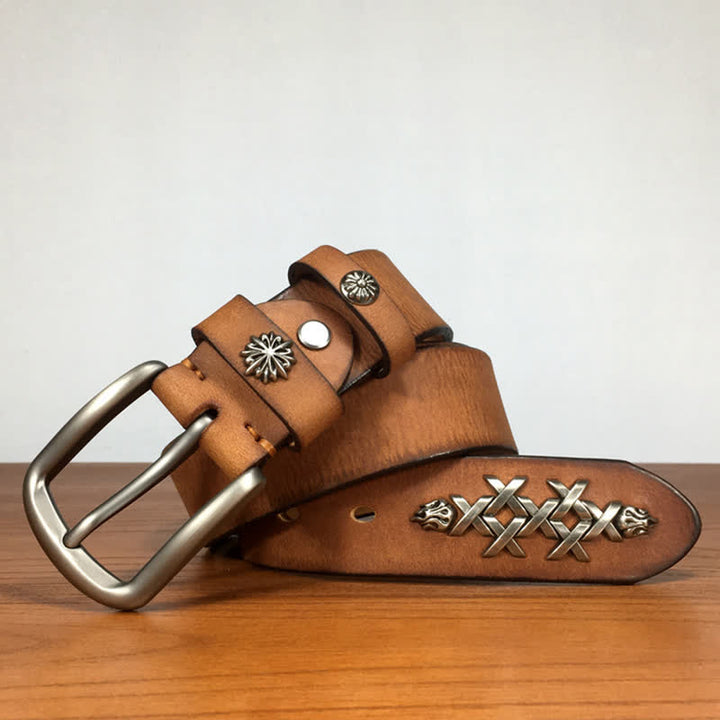 Ceinture en cuir à rivets sculptés décoratifs rétro pour hommes