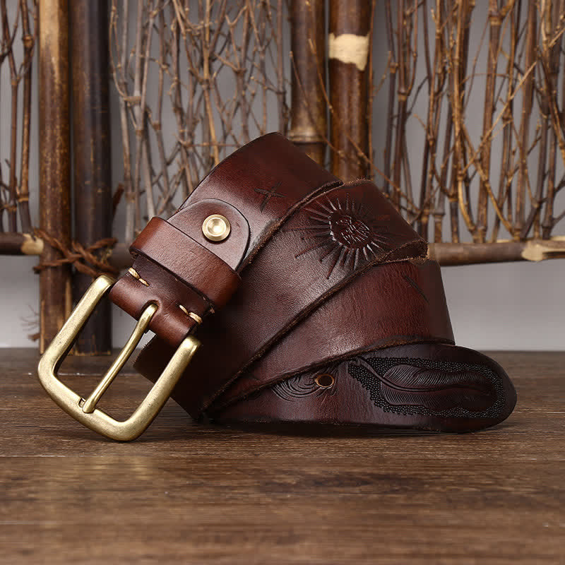 Ceinture en cuir véritable à motif de plumes en relief pour homme