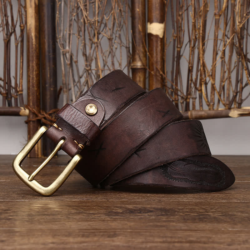 Ceinture en cuir véritable à motif de plumes en relief pour homme
