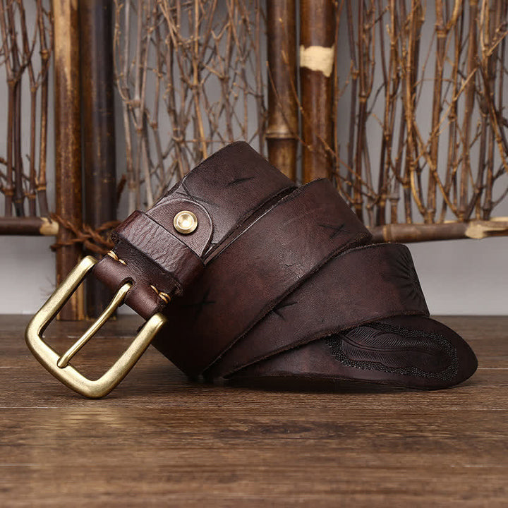 Ceinture en cuir véritable à motif de plumes en relief pour homme