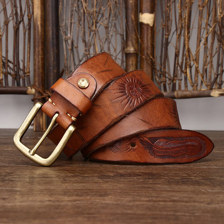 Ceinture en cuir véritable à motif de plumes en relief pour homme