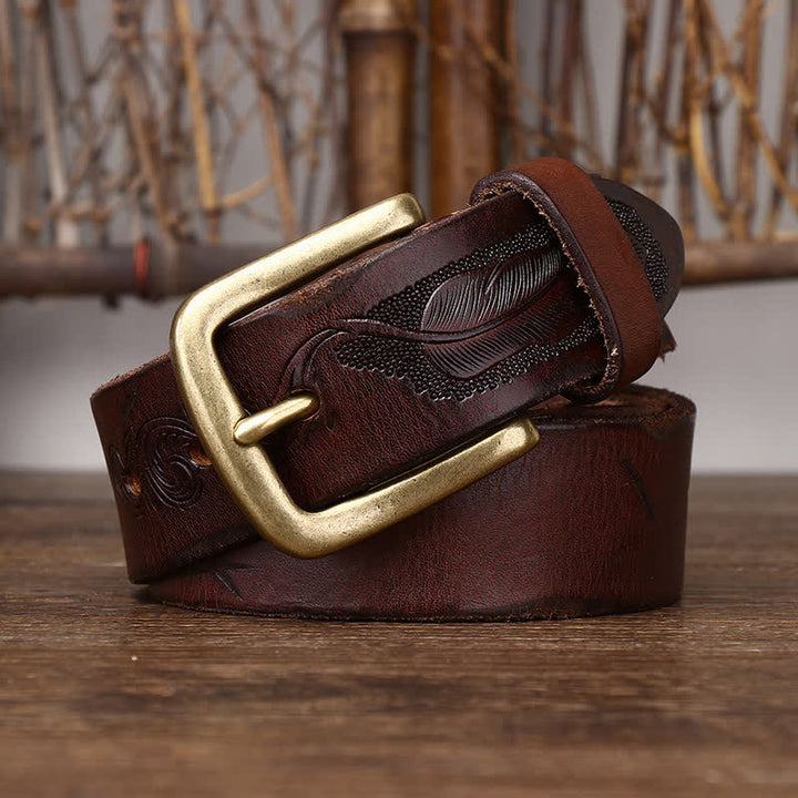Ceinture en cuir véritable à motif de plumes en relief pour homme