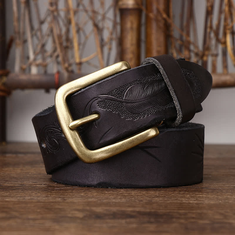 Ceinture en cuir véritable à motif de plumes en relief pour homme