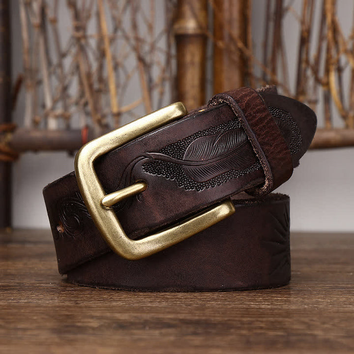 Ceinture en cuir véritable à motif de plumes en relief pour homme