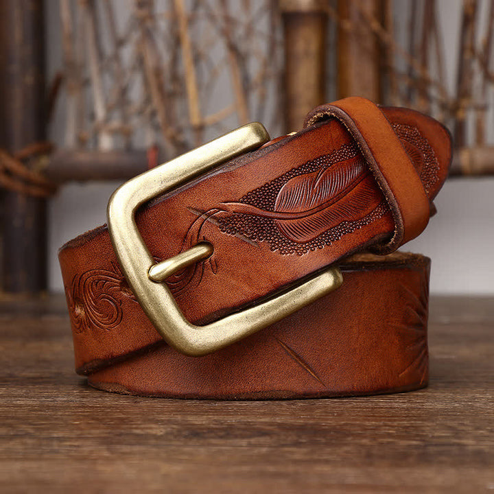 Ceinture en cuir véritable à motif de plumes en relief pour homme