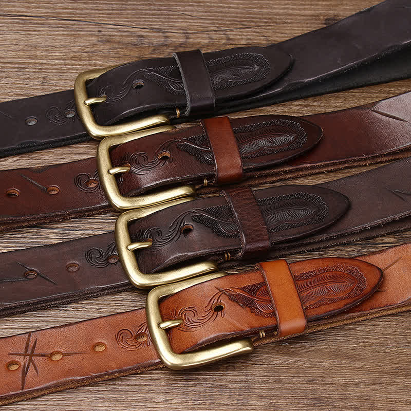 Ceinture en cuir véritable à motif de plumes en relief pour homme