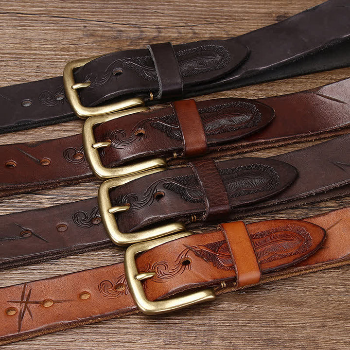 Ceinture en cuir véritable à motif de plumes en relief pour homme
