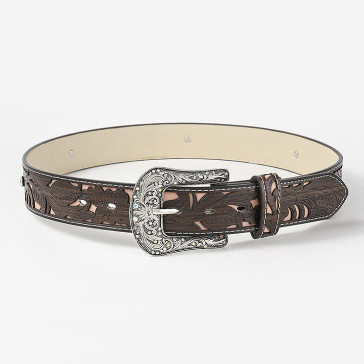 Ceinture en cuir café avec strass et fleurs en relief pour femme