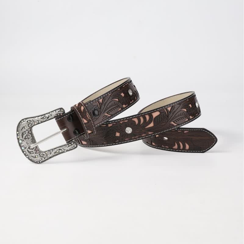 Ceinture en cuir café avec strass et fleurs en relief pour femme
