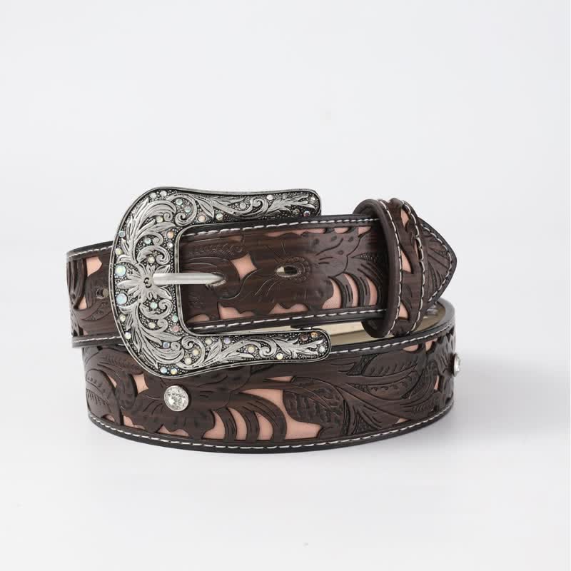 Ceinture en cuir café avec strass et fleurs en relief pour femme