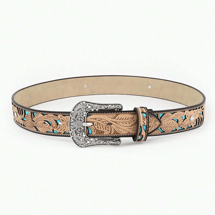 Ceinture en cuir camel avec strass et fleurs en relief pour femme