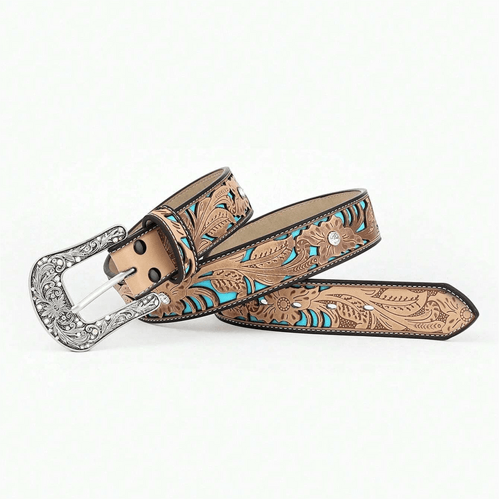 Ceinture en cuir camel avec strass et fleurs en relief pour femme