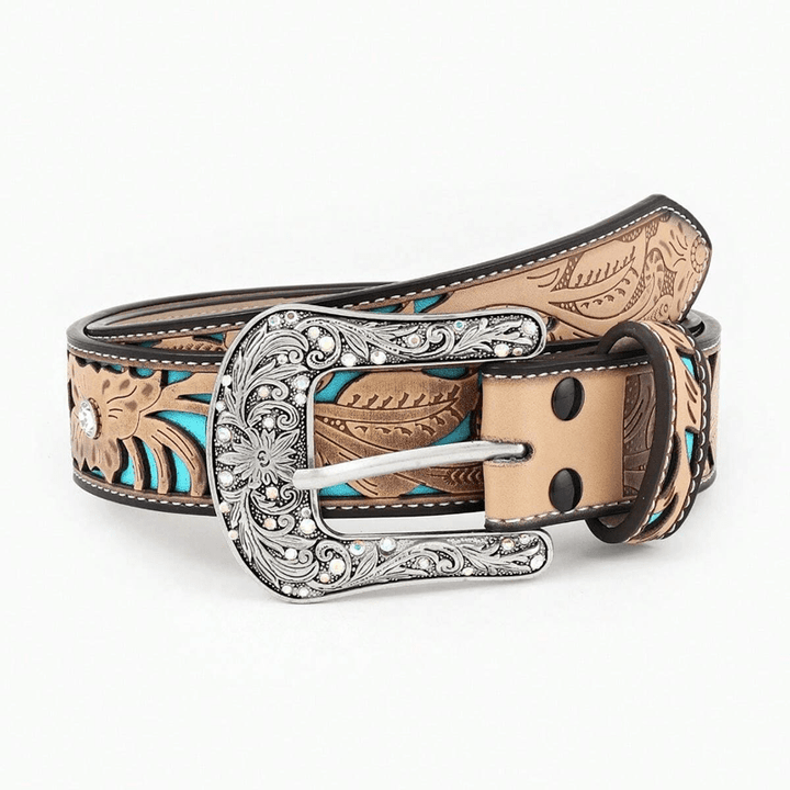 Ceinture en cuir camel avec strass et fleurs en relief pour femme