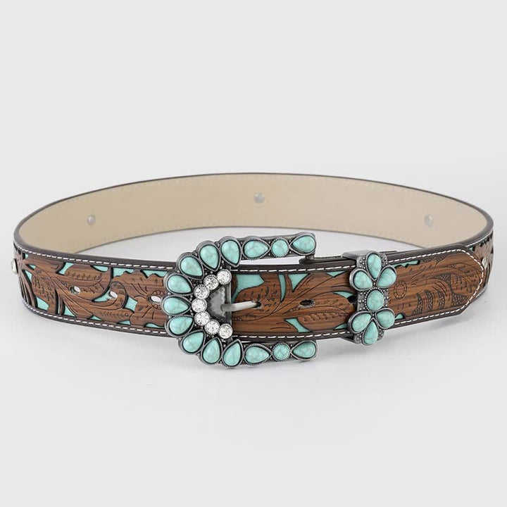 Ceinture en cuir western à motif floral en relief turquoise pour femme