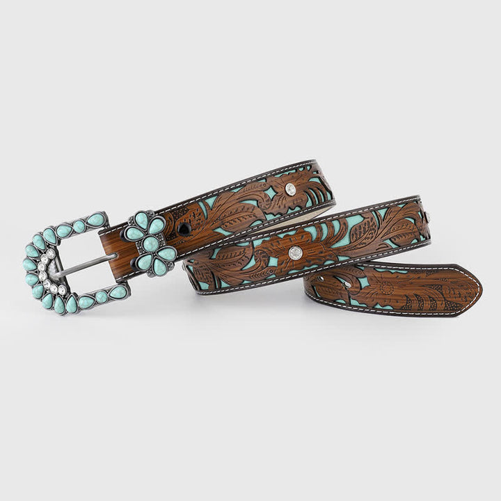 Ceinture en cuir western à motif floral en relief turquoise pour femme