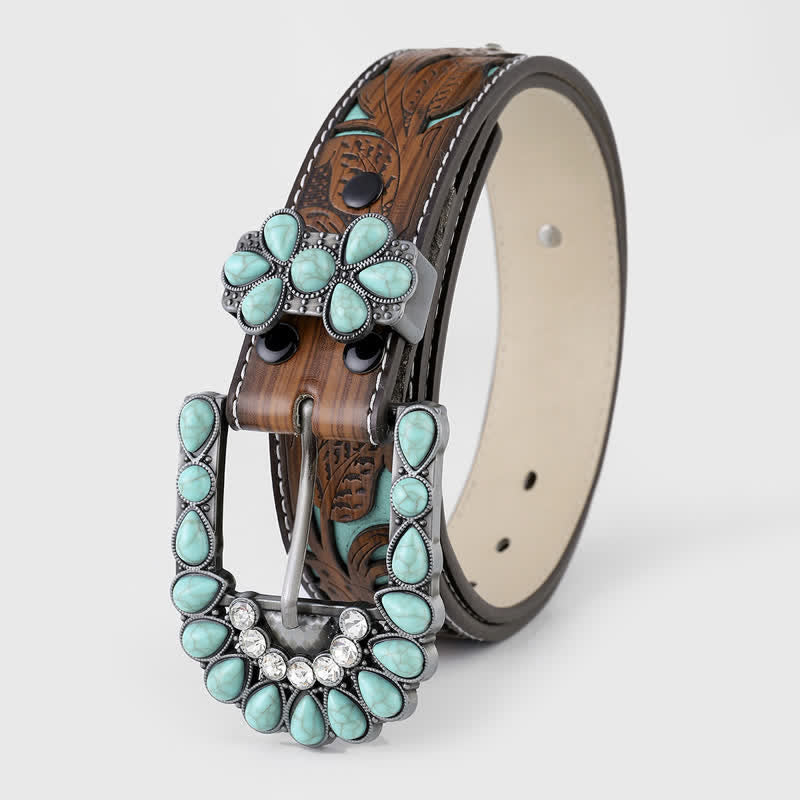 Ceinture en cuir western à motif floral en relief turquoise pour femme