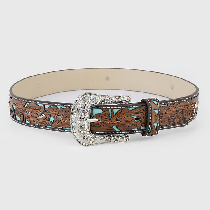Ceinture en cuir marron foncé avec fleur en relief et strass pour femme