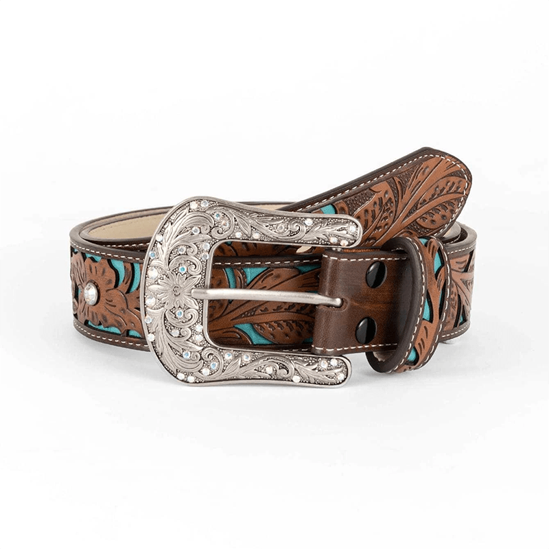 Ceinture en cuir marron foncé avec fleur en relief et strass pour femme