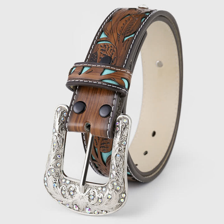 Ceinture en cuir marron foncé avec fleur en relief et strass pour femme