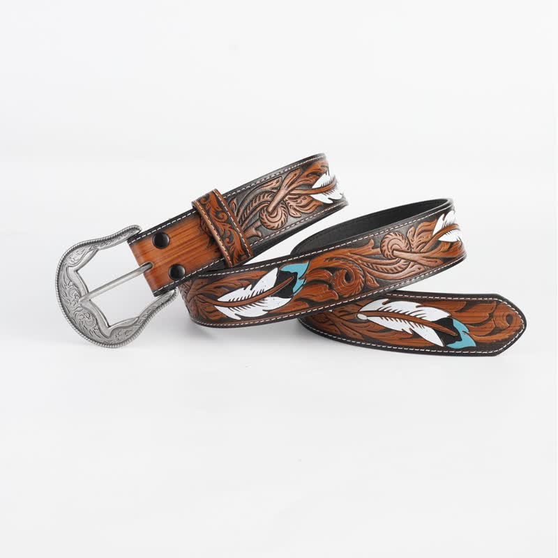 Ceinture en cuir imprimé plumes vintage gravée pour femme