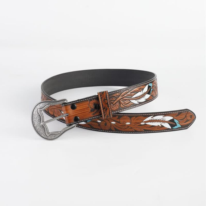 Ceinture en cuir imprimé plumes vintage gravée pour femme