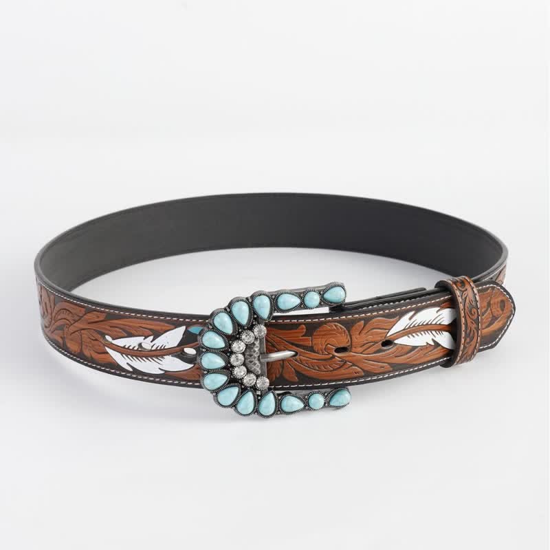 Ceinture en cuir imprimé plumes vintage gravée pour femme