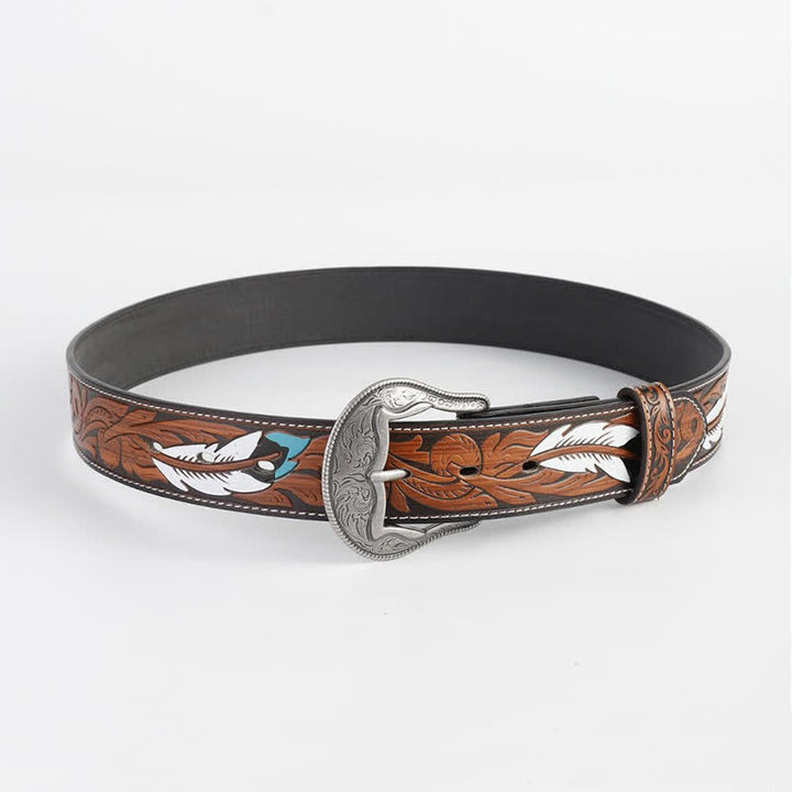 Ceinture en cuir imprimé plumes vintage gravée pour femme