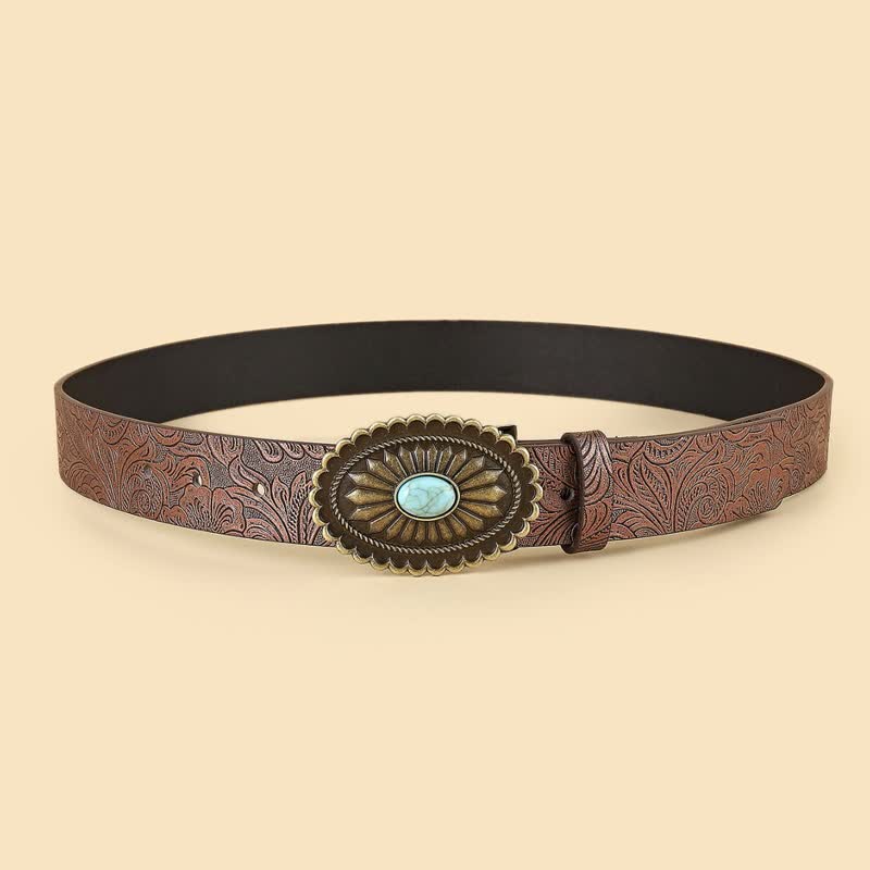 Ceinture en cuir marron à imprimé tournesol turquoise bohème pour femme