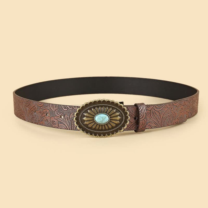 Ceinture en cuir marron à imprimé tournesol turquoise bohème pour femme