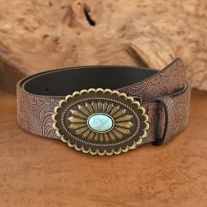 Ceinture en cuir marron à imprimé tournesol turquoise bohème pour femme