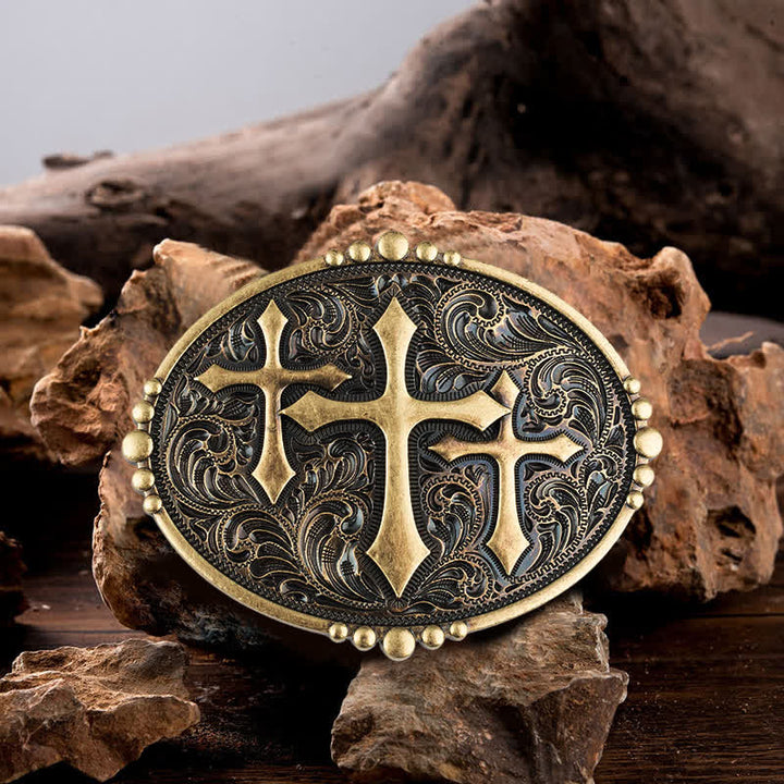 Ceinture en cuir à boucle pour homme avec motif à trois croix