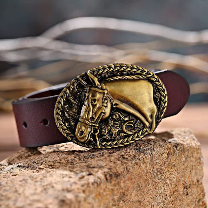 Ceinture en cuir à boucle gravée pour homme avec tête de cheval