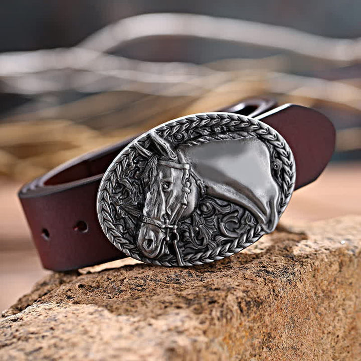 Ceinture en cuir à boucle gravée pour homme avec tête de cheval