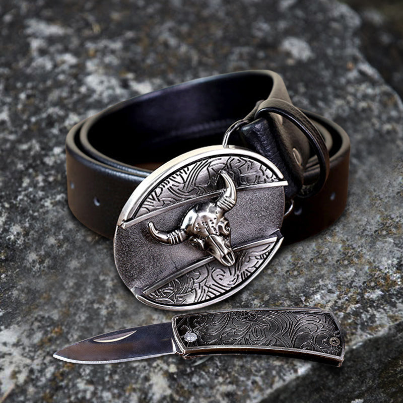 Ceinture en cuir pour homme avec tête de taureau et couteau pliant