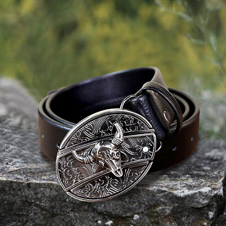 Ceinture en cuir pour homme avec tête de taureau et couteau pliant