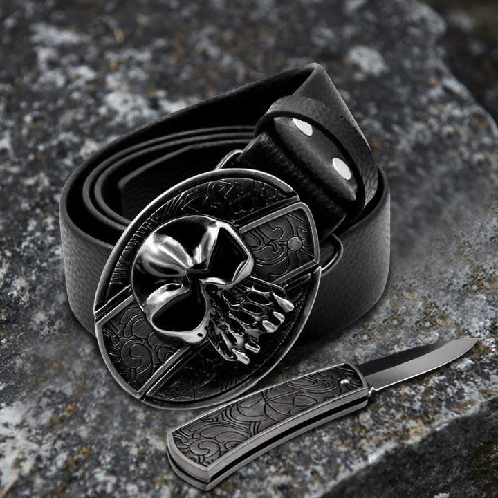 Ceinture en cuir pour homme avec tête de mort et couteau pliant