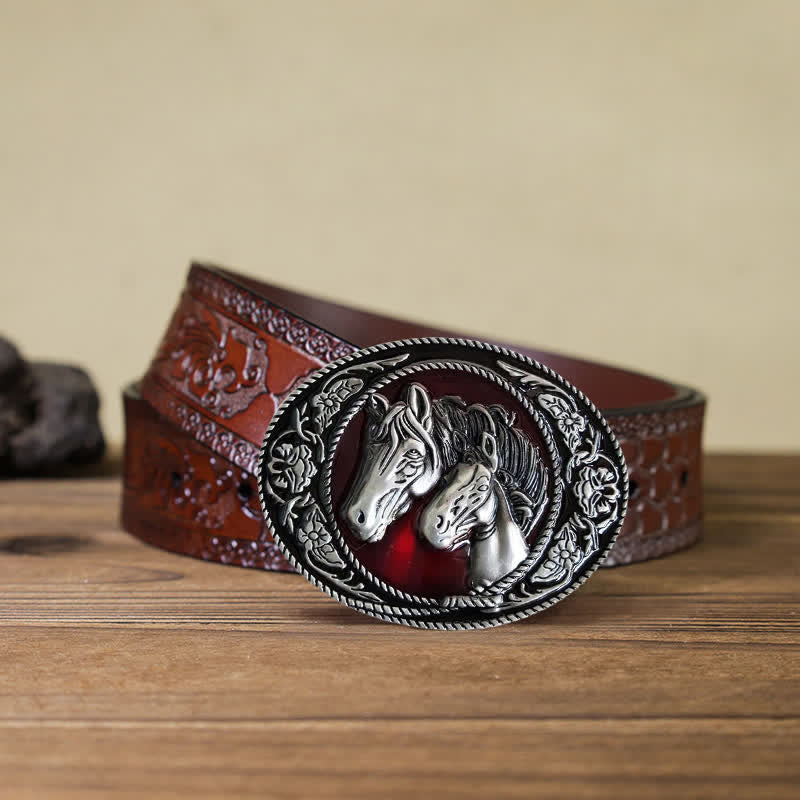 Ceinture en cuir à boucle émaillée pour homme avec cheval et poulain