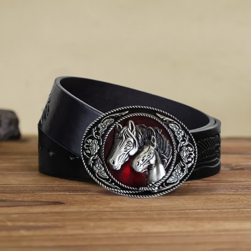 Ceinture en cuir à boucle émaillée pour homme avec cheval et poulain