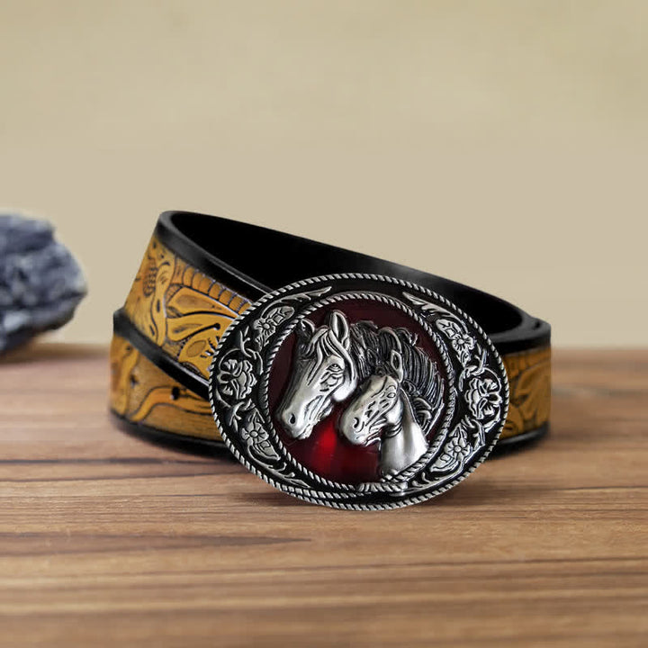 Ceinture en cuir à boucle émaillée pour homme avec cheval et poulain