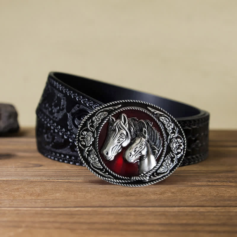 Ceinture en cuir à boucle émaillée pour homme avec cheval et poulain