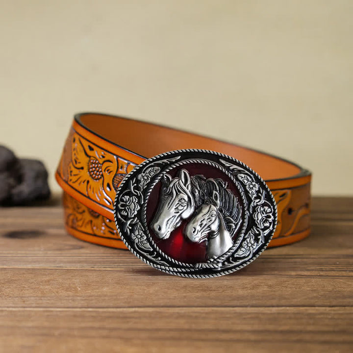 Ceinture en cuir à boucle émaillée pour homme avec cheval et poulain