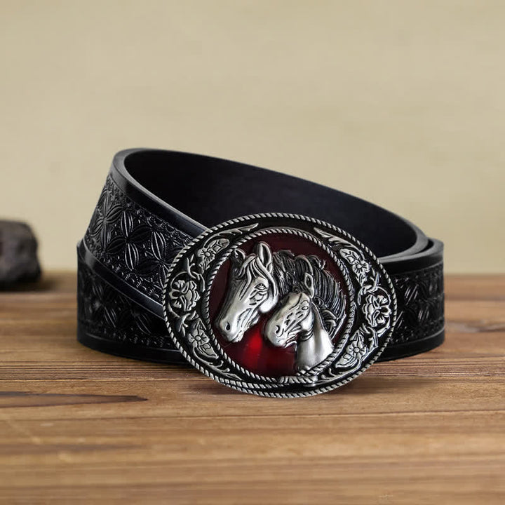Ceinture en cuir à boucle émaillée pour homme avec cheval et poulain