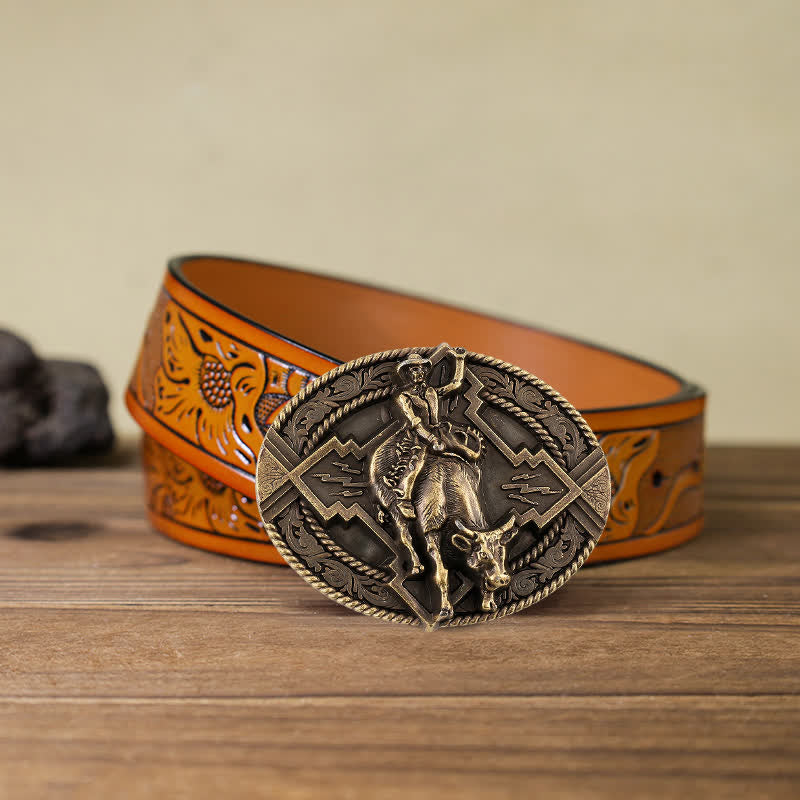 Ceinture en cuir à boucle pour homme avec motif de taureau rodéo